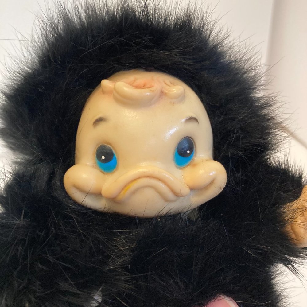 Vintage 6" Furry Baby Duck Doll Figure Black Fuzzy Bundle Plastic Head - Picture 8 of 9